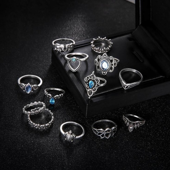 Picture of Boho Chic Rings Antique Silver Blue Eagle Moon Imitation Turquoise 18mm( 6/8")(US Size 7.75) - 16mm( 5/8")(US Size 5.25), 1 Set ( 11 PCs/Set)