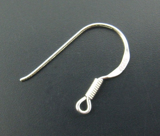 Picture of Sterling Silver Ear Wire Hooks Earring Findings Silver 19mm( 6/8") x 14mm( 4/8"), Post/ Wire Size: (22 gauge), 100 PCs