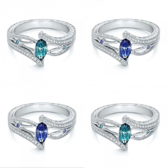 Picture of Simulated Aquamarine Unadjustable Rings Silver Tone Deep Blue Clear Rhinestone 19.8mm( 6/8")(US Size 10), 1 Piece