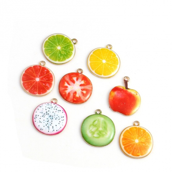 Picture of Zinc Based Alloy Charms Strawberry Fruit Gold Plated Red Enamel 26mm(1") x 19mm( 6/8"), 10 PCs
