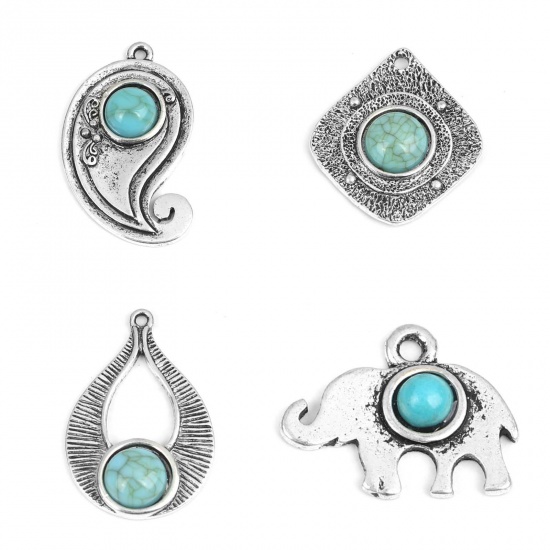 Picture of Zinc Based Alloy & Turquoise Boho Chic Bohemia Charms Rectangle Antique Silver Color Blue 29mm x 26mm, 5 PCs