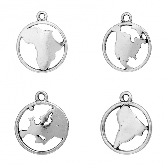 Picture of Zinc Based Alloy Travel Silhouette Map Africa Charms Round Antique Silver Hollow 20mm( 6/8") x 17mm( 5/8"), 20 PCs