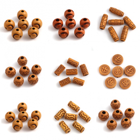 Picture of Acrylic Beads Round Brown Ripple Pattern Imitation Wood About 8mm Dia, Hole: Approx 1.8mm, 1000 PCs