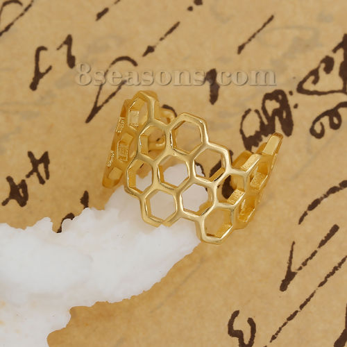 Picture of Copper Open Rings Gold Plated Hollow Honeycomb 16.5mm( 5/8")(US Size 6), 1 Piece