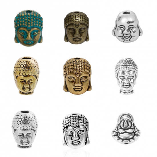 Picture of Zinc Based Alloy 3D Charm Beads Buddha Statue Antique Silver About 11mm x 9mm, Hole: Approx 1.7mm, 20 PCs