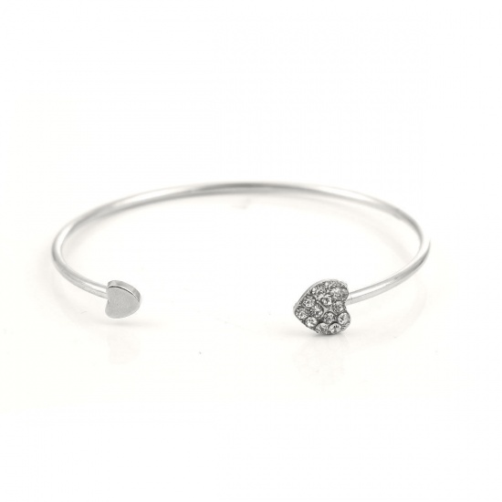 Picture of Zinc Based Alloy Open Cuff Bangles Bracelets Silver Tone Heart Clear Rhinestone 18cm(7 1/8") long, 1 Piece