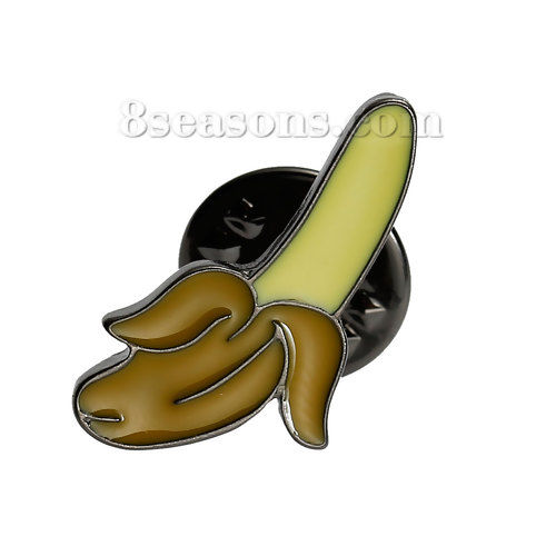 Picture of Tie Tac Lapel Pin Brooches Fruit Banana Gunmetal Yellow & Brown 22mm( 7/8") x 12mm( 4/8"), 1 Piece