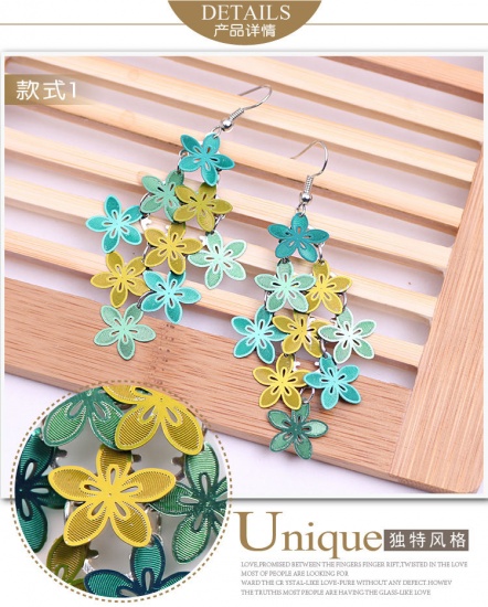 Picture of Copper Earrings Multicolor Flower 65mm x 28mm, 1 Pair