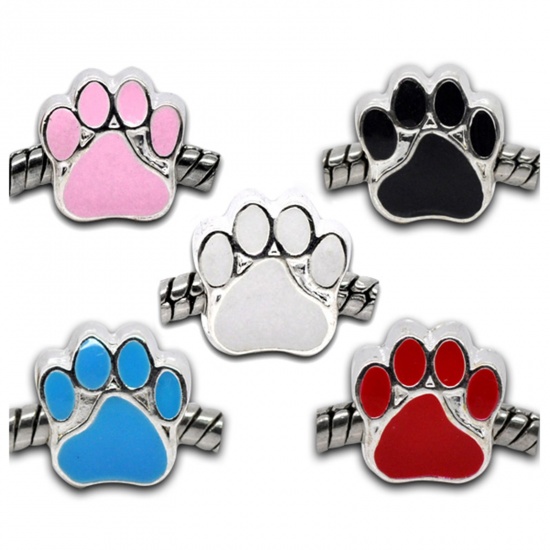 Picture of Zinc Metal Alloy European Style Large Hole Charm Beads Bear's Paw Silver Plated Black Enamel About 11mm x 11mm, Hole: Approx 5mm, 10 PCs