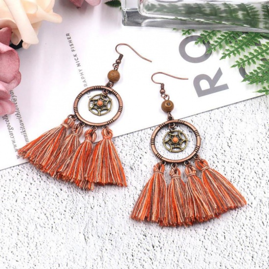 Picture of Polyester Boho Chic Tassel Earrings Antique Copper Red & Pink Dream Catcher Hollow 90mm(3 4/8") x 25mm(1"), 1 Pair
