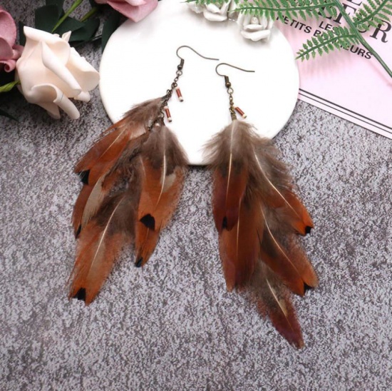 Picture of Natural Feather Boho Chic Tassel Earrings Antique Bronze Brown Yellow Drop Heart Hollow 13cm(5 1/8") x 2.5cm(1"), 1 Pair