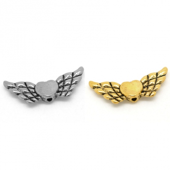 Picture of Zinc Based Alloy Spacer Beads Heart Angel Wing Antique Silver About 22mm x 9mm, Hole:Approx 1mm, 50 PCs