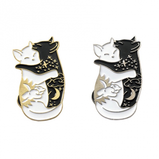 Picture of Pin Brooches Cat Animal Black & White Enamel 38mm x 20mm, 1 Piece