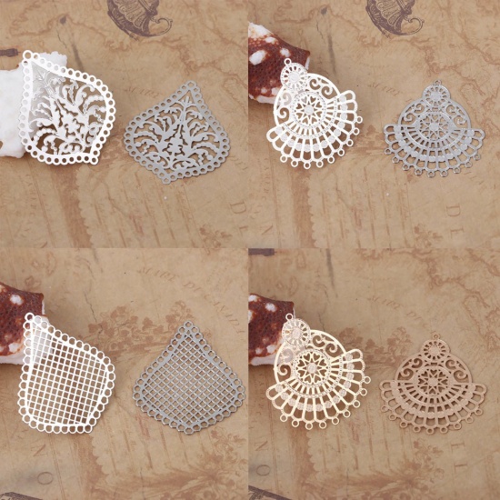 Picture of Iron Based Alloy Chandelier Connectors Leaf Silver Tone Filigree 54mm x 40mm, 10 PCs