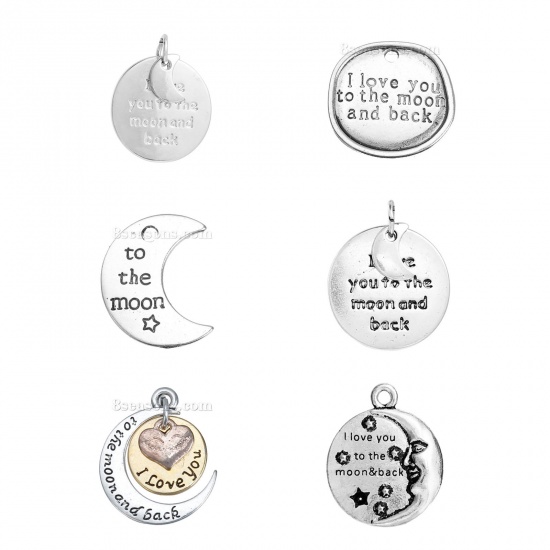 Picture of Zinc Based Alloy Charms Moon Rose Gold Message " Love you to the moon n back " Carved 17mm( 5/8") Dia, 20 PCs