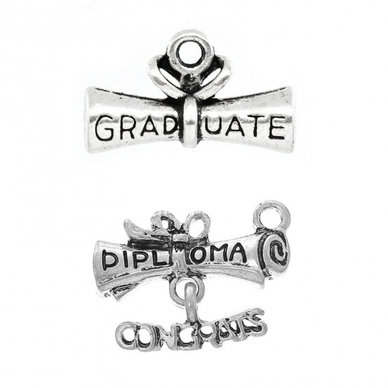 Picture of Graduation Jewelry Zinc Based Alloy Charms Diploma Antique Silver Color Message "GRADUATE" Carved 21mm( 7/8") x 13mm( 4/8"), 20 PCs