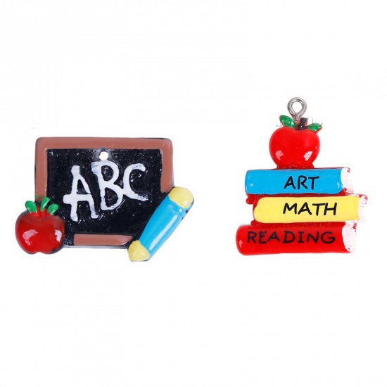 Picture of Resin College Jewelry Pendants Apple Fruit Message " ART MATH READING " Multicolor 31mm(1 2/8") x 27mm(1 1/8"), 5 PCs