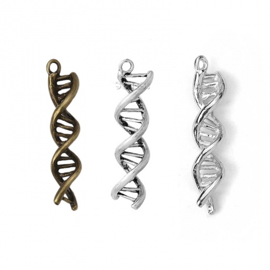Picture of Zinc Metal Alloy 3D Pendants DNA Gene Helix Antique Silver 40mm(1 5/8") x 10mm( 3/8"), 10 PCs