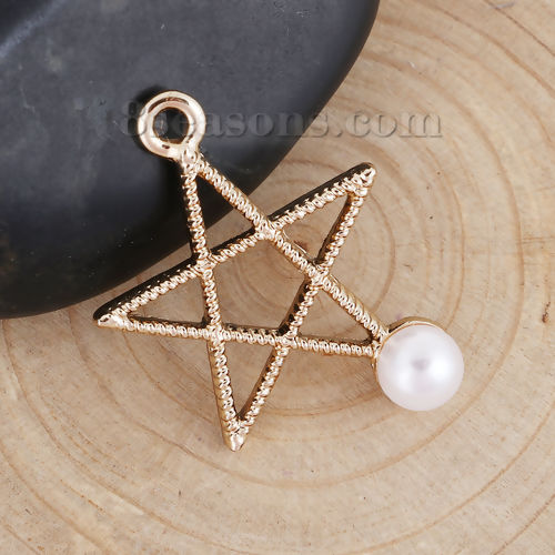 Picture of Zinc Based Alloy One Pearl Jewelry Charms Pentagram Star Silver Tone White Acrylic Imitation Pearl 27mm(1 1/8") x 21mm( 7/8"), 20 PCs