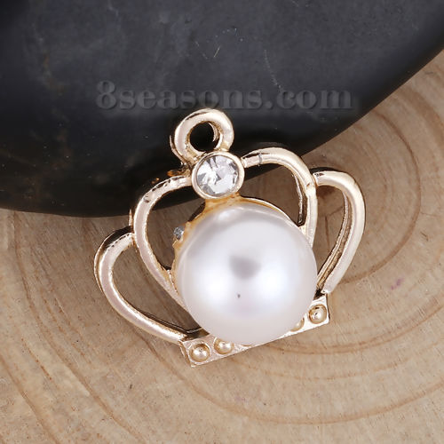 Picture of Zinc Based Alloy One Pearl Jewelry Charms Crown Silver Tone White Clear Rhinestone Acrylic Imitation Pearl 18mm( 6/8") x 17mm( 5/8"), 20 PCs