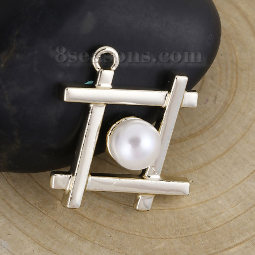 Picture of Zinc Based Alloy One Pearl Jewelry Charms Rhombus Silver Tone White Acrylic Imitation Pearl 23mm( 7/8") x 20mm( 6/8"), 20 PCs