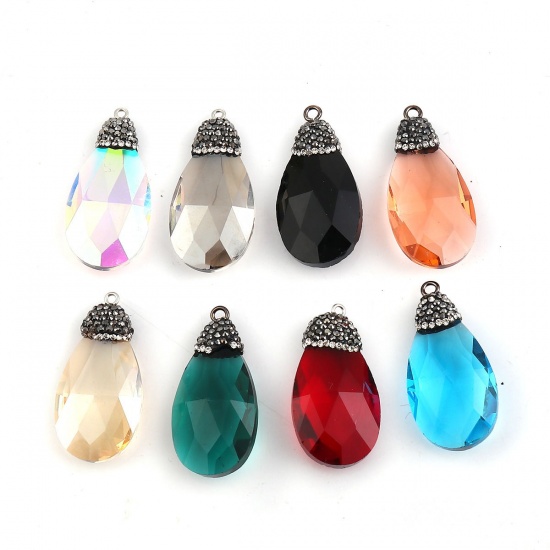 Picture of Glass Micro Pave Pendants Drop Transparent Clear Dark Gray Rhinestone Faceted 44mm(1 6/8") x 22mm( 7/8"), 1 Piece