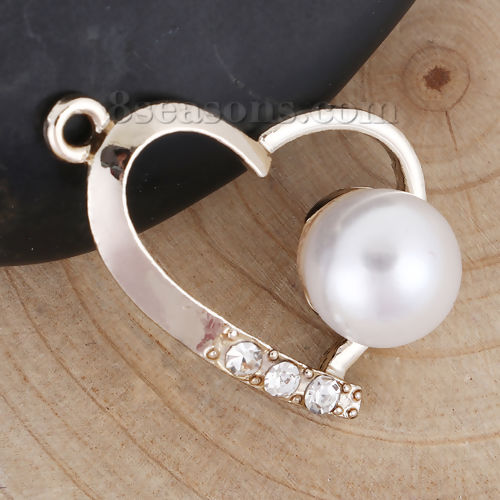 Picture of Zinc Based Alloy One Pearl Jewelry Charms Heart Silver Tone White Clear Rhinestone Acrylic Imitation Pearl 24mm(1") x 18mm( 6/8"), 10 PCs