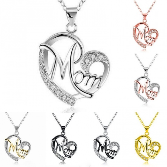 Picture of Mother's Day Necklace Gold Plated & Silver Tone Heart Message " Mom " Clear Rhinestone 45cm(17 6/8") long, 1 Piece