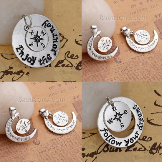 Picture of Copper Charms Travel Compass Silver Tone Moon Message " Follow Your Dreams " Carved 28mm(1 1/8") x 17mm( 5/8"), 1 Piece