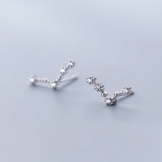 Picture of Sterling Silver Ear Post Stud Earrings Silver Pisces Sign Of Zodiac Constellations Clear Rhinestone 1.3cm x 0.4cm, 1 Pair