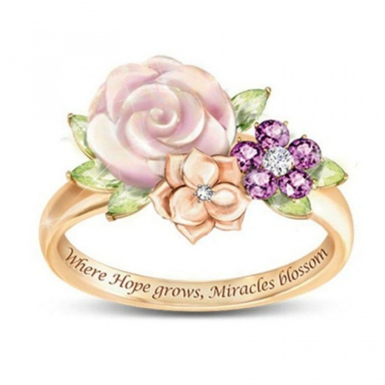 Picture of Unadjustable Rings Gold Plated Flower Leaves Message " Where hope grows，miracles blossom " Multicolor Rhinestone 19.8mm(US Size 10), 1 Piece