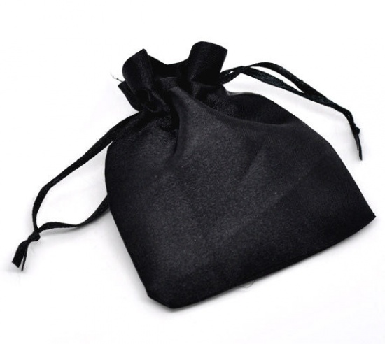 Picture of Wedding Gift Terylene Satin Jewelry Bags Drawstring Rectangle Black 9cm x7cm(3 4/8" x2 6/8"), 50 PCs