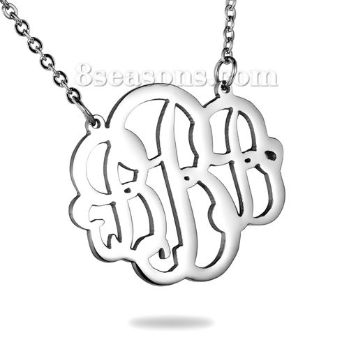 Picture of Stainless Steel Monogram Necklace Silver Tone Alphabet /Letter Message " B " 46cm(18 1/8") - 45cm(17 6/8") long, 1 Piece