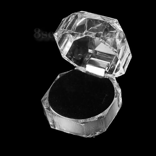Picture of Acrylic Jewelry Ring Gift Boxes Polygon Black Transparent Faceted 3.8cm(1 4/8") x 3.8cm(1 4/8"), 10 PCs
