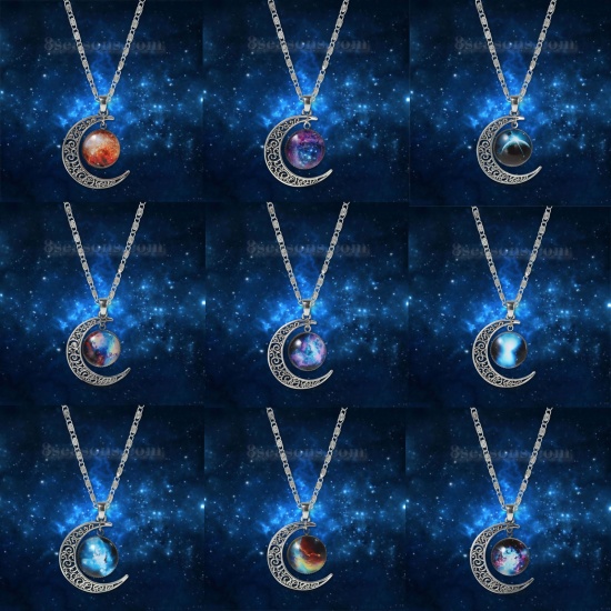 Picture of New Fashion Galaxy Universe Crescent Moon Glass Cabochon Pendant Necklace Scroll Chain Antique Silver Multicolor 47.0cm(18 4/8") long, 1 Piece