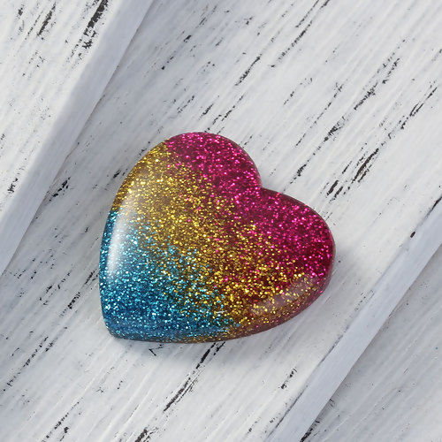Picture of Resin Dome Seals Cabochon Heart Multicolor Glitter 28mm(1 1/8") x 28mm(1 1/8"), 5 PCs