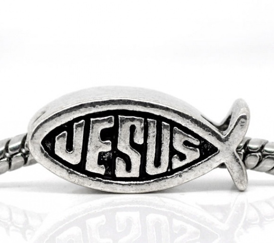 Picture of Zinc Based Alloy European Style Large Hole Charm Beads Jesus/ Christian Fish Ichthys Antique Silver Message "Jesus" Carved About 18mm x9mm, Hole: Approx 4.8mm, 10 PCs