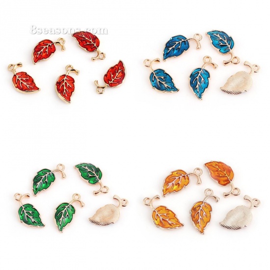 Picture of Zinc Based Alloy Charms Leaf Gold Plated Red Enamel 20mm( 6/8") x 10mm( 3/8"), 20 PCs