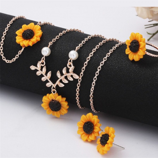 Picture of Necklace Silver Tone Orange Sunflower Imitation Pearl 55cm(21 5/8") long, 1 Piece