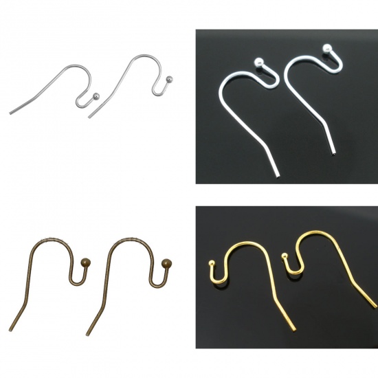 Picture of Copper Ear Wire Hooks Earring Findings Silver Tone 20mm( 6/8") x 12mm( 4/8"), Post/ Wire Size: (21 gauge), 200 PCs