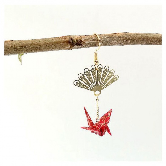 Picture of Copper Earrings Red Fan Thousand paper crane 65mm, 1 Piece