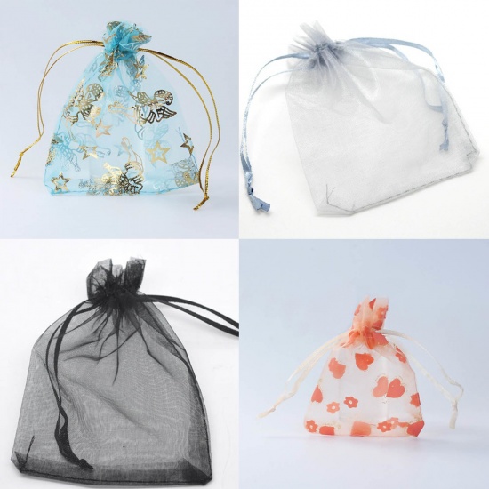 Picture of Wedding Gift Organza Jewelry Bags Drawstring Rectangle Pink 12cm x9cm(4 6/8" x3 4/8"), 100 PCs