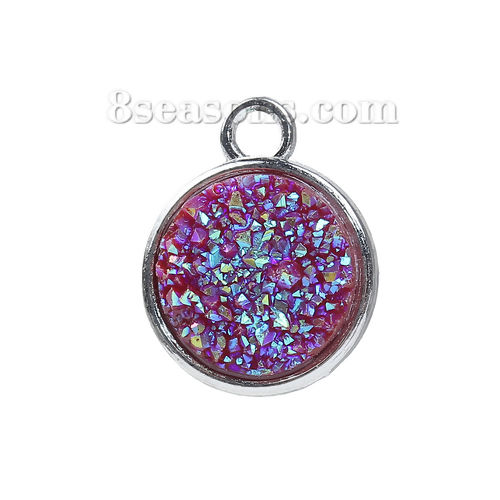 Picture of Zinc Based Alloy & Resin Druzy/ Drusy Charms Round Silver Tone Green AB Color 18mm( 6/8") x 15mm( 5/8"), 5 PCs