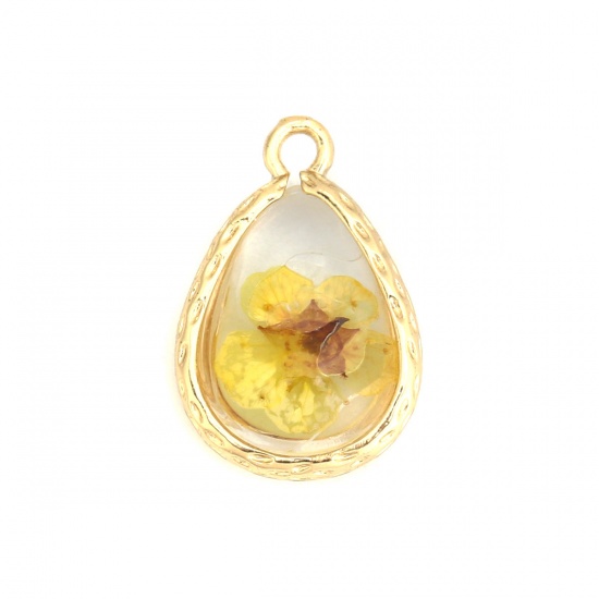 Picture of Zinc Based Alloy & Glass Charms Drop Dried Flower Gold Plated Green Blue 19mm x 12mm, 5 PCs