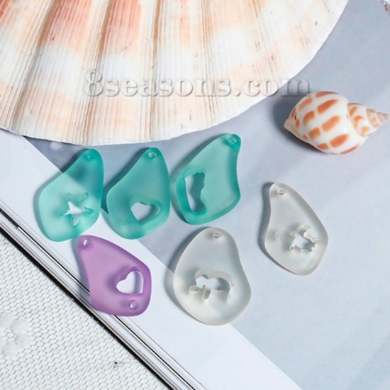 Picture of Resin Sea Glass Charms Drop Heart Purple (Can Hold ss4 Pointed Back Rhinestone) Frosted 25mm x16mm(1" x 5/8") - 24mm x16mm(1" x 5/8"), 5 PCs