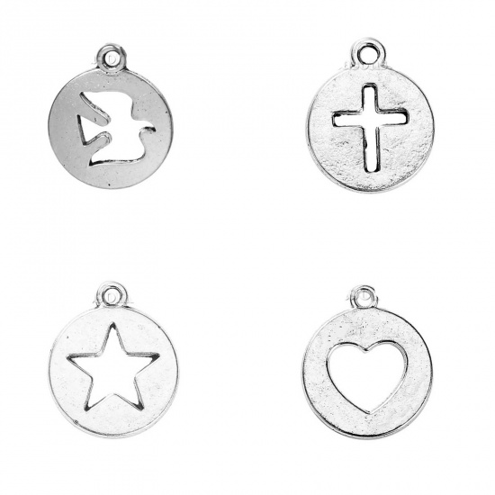 Picture of Zinc Based Alloy Cut Out Charms Round Antique Silver Pentagram Star 17mm( 5/8") x 14mm( 4/8"), 50 PCs