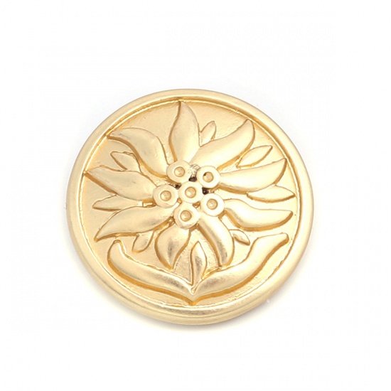 Picture of Zinc Based Alloy Metal Sewing Shank Buttons Single Hole Round Matt Real Gold Plated Flower Carved 20mm Dia., 5 PCs