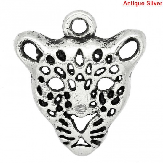 Picture of Zinc Metal Alloy Charm Pendants Leopard Head Animal Antique Silver Hollow 20mm x 18mm(6/8"x 6/8"), 50 PCs