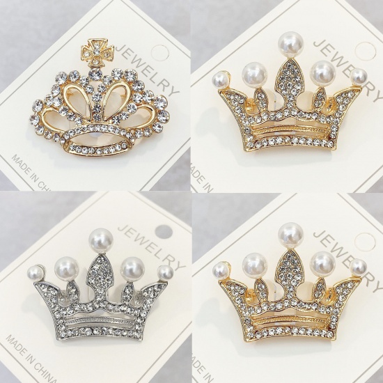 Picture of Pin Brooches Crown Silver Tone White Imitation Pearl Clear Rhinestone 38mm x 32mm, 1 Piece