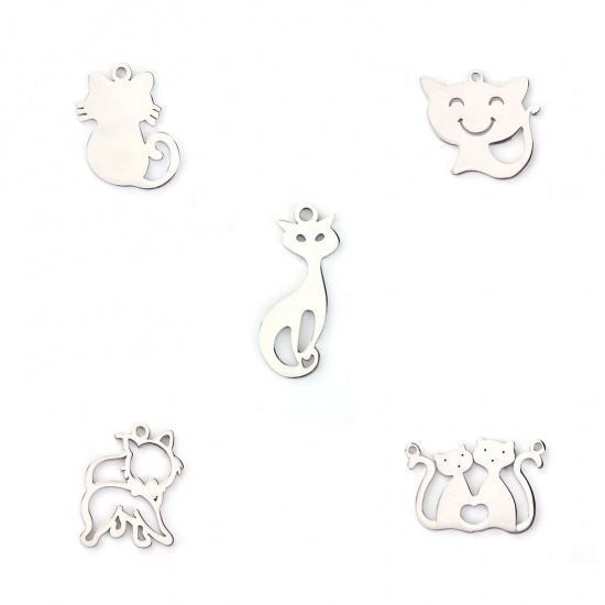 Picture of 304 Stainless Steel Pet Silhouette Charms Cat Animal Silver Tone 29mm(1 1/8") x 21mm( 7/8"), 1 Piece